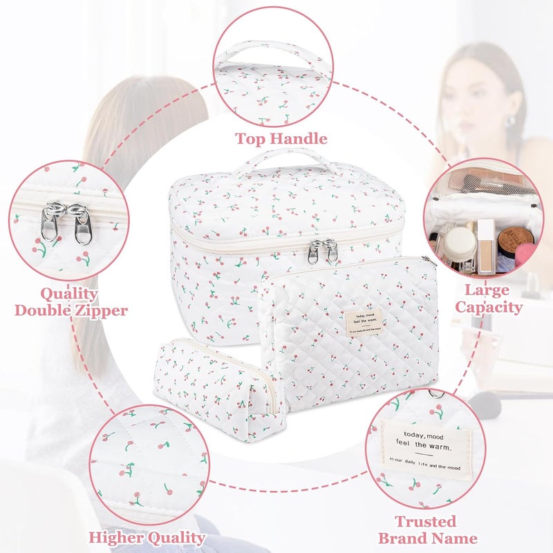 Gosect Large Makeup Bag Set, Quilted Makeup Bag, Floral Cosmetic Bag for Women, Cute Cotton Makeup Bags, Flower Travel Toiletry Organizer Bag (white) - Image 3